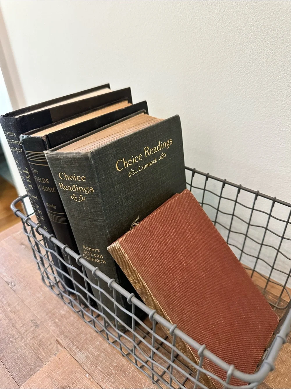 Gray Wire Storage Basket with 4 Vintage Books Home Accents Decor